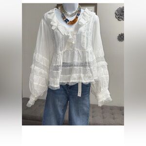 Anthropologie RUFFLED V-Neck Popover White Blouse Size 1X NWT 100% Authentic.